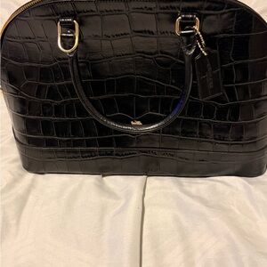 COACH Black Croc-Embossed Leather Dome Satchel with Gold Hardware